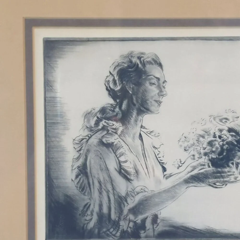 Vintage Blossom Time Drypoint By Walter Tittle In Brown Wooden Matted Frame